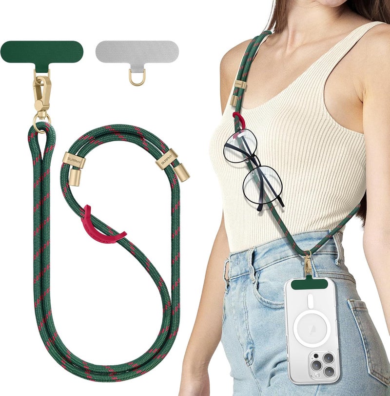 SURPHY Phone Lanyard Crossbody, Adjustable Cell Phone Lanyard with 2 Pack Phone Tether Tab, Two-Color Braided Phone Strap (Christmas Green) - Image 1